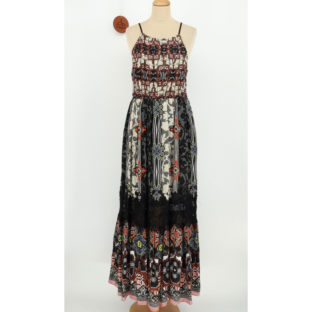 Bhanuni by Jyoti Tiered Medallion Print Lace Trim Maxi Dress Size 8 Pockets Boho